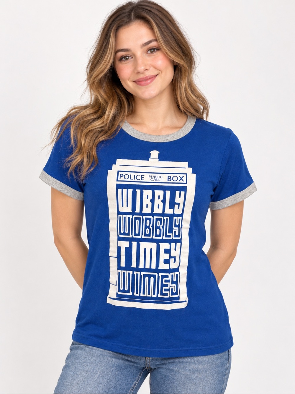 Doctor Who TARDIS Wibbly Wobbly Timey Wimey Blue Ringer Tee Shirt